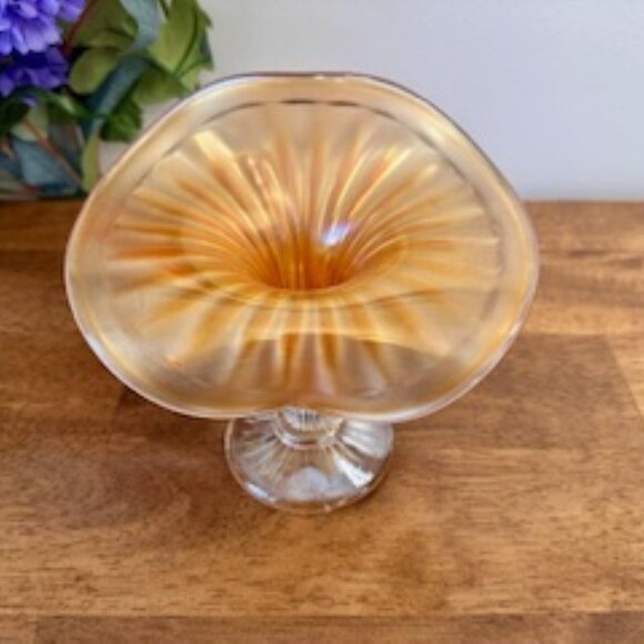 Fenton Fine Rib Footed Jack-in-the-Pulpit Carnival Glass Pedestal Bowl Marigold - Picture 3 of 4